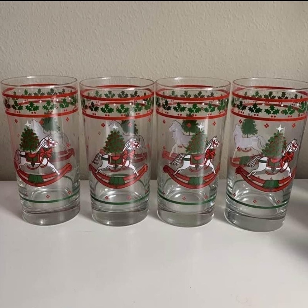 Vintage Christmas Rocking Horse Holiday Drinking Glasses Highball 4 PK